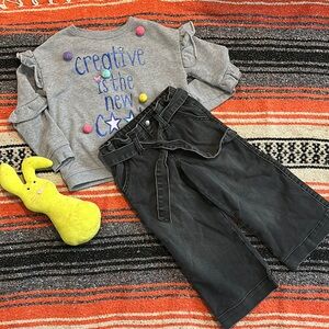 Wonder Nation Girls Belted Cropped Wide Leg Jean, Sizes XS,black